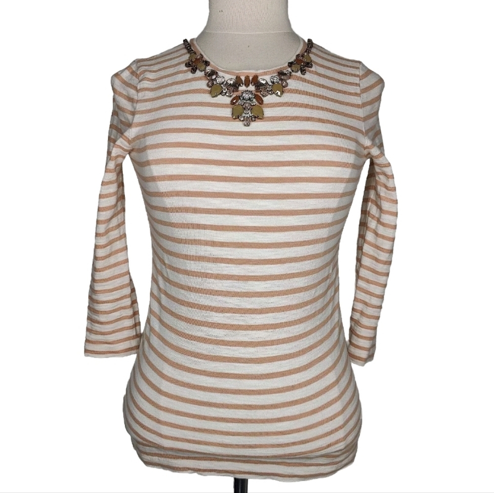 J Crew Gemstone Top S Pink White Stripe Peach Quarter Sleeve Women's Small